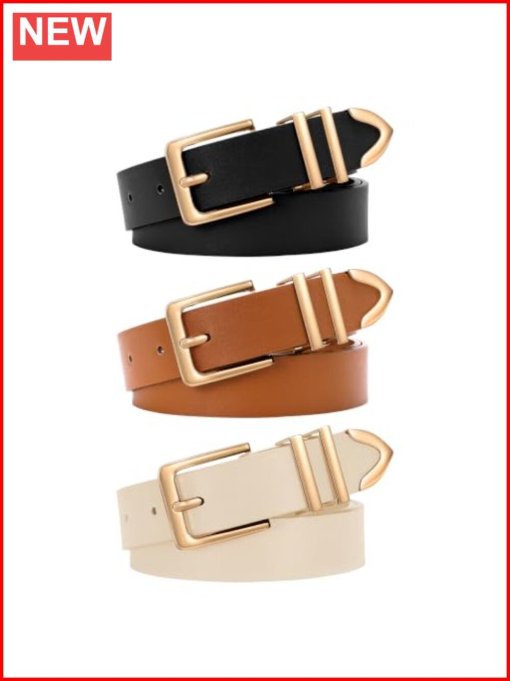 3 Pack Women's PU Leather Waist Belts with Gold Buckle